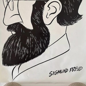 May include: Black and white illustration of Sigmund Freud, featuring a detailed depiction of his profile. The image highlights his distinctive beard, glasses, and the text "SIGMUND FREUD" at the bottom, creating a striking visual.