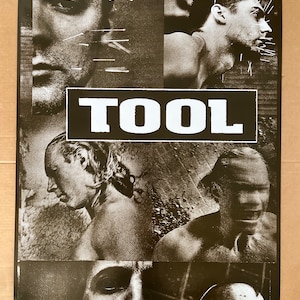 May include: Black and white poster featuring a collage of images of a band called TOOL. The band's name is printed in white letters on a black background.