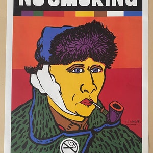 Cartel original de tienda de artículos para fumadores con prohibición de fumar, señora mayor