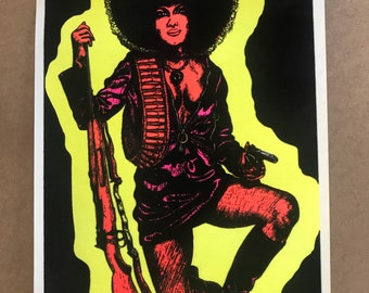 Vintage original 1970s flocked Black Panther Militant Miss pinup 1972 poster psychedelic velvet Blacklight