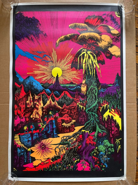 Vintage Blacklight Poster Paradise Sunset Palm Tree Tropical