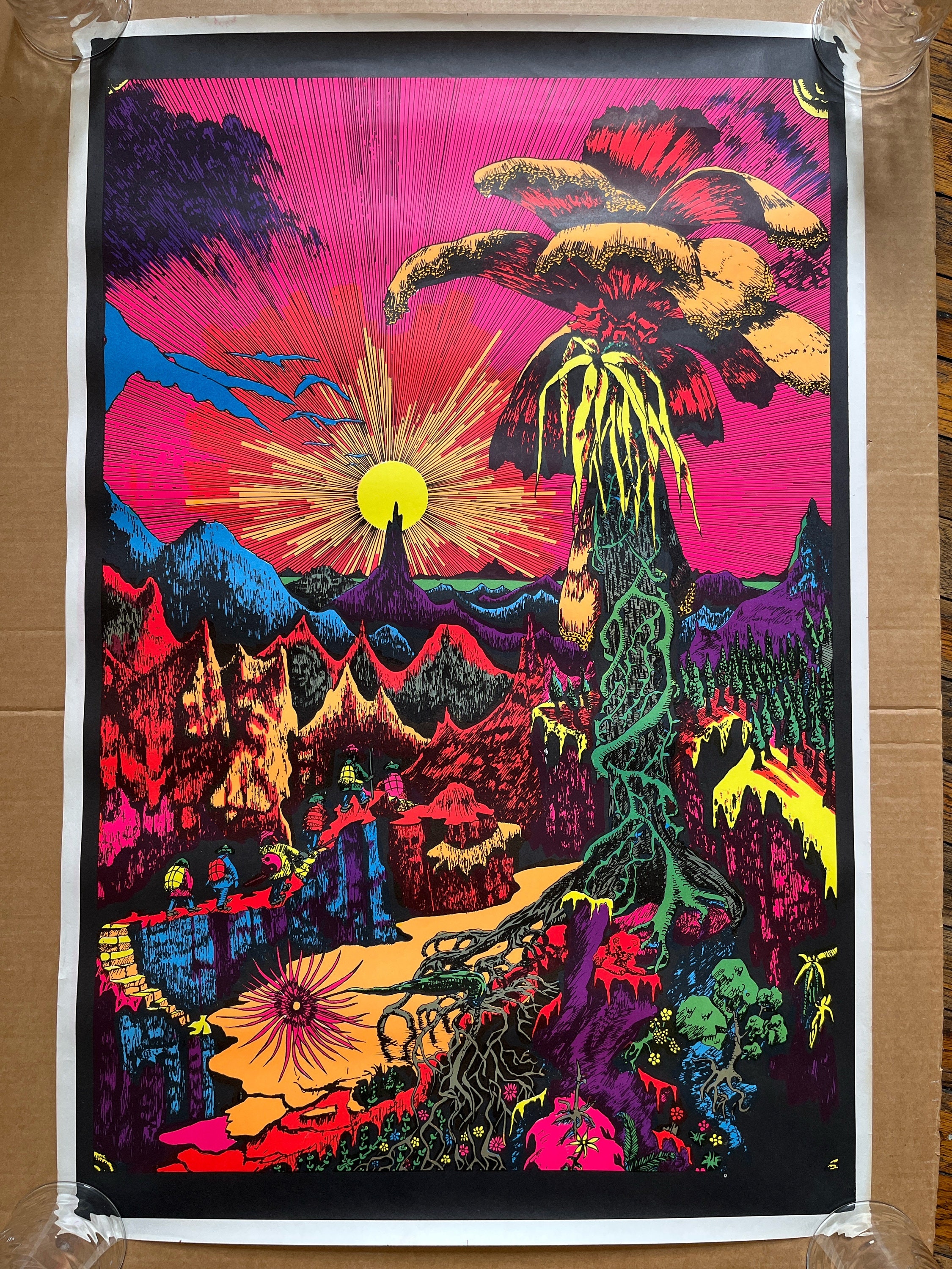 Vintage Blacklight Poster Paradise Sunset Palm Tree Tropical