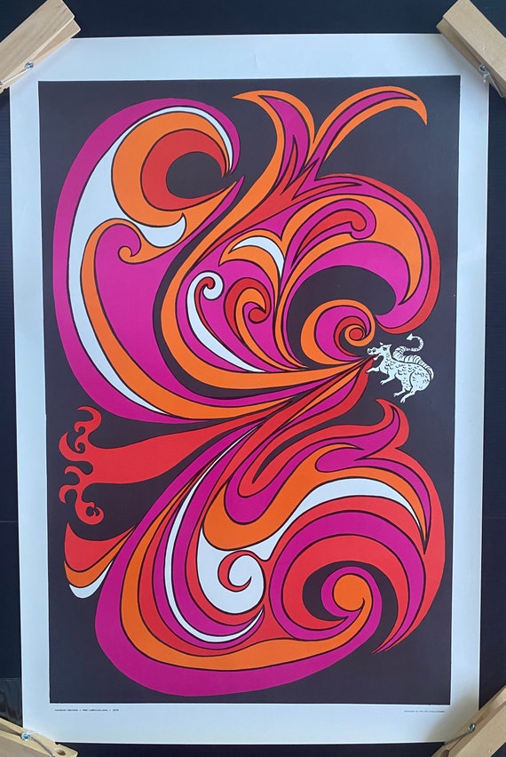 Flaming Dragon Fire Flames Blacklight Original Vintage 1970s
