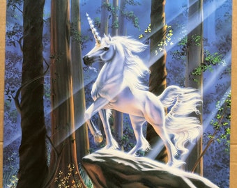 Unicorn in the Forest Vintage Poster 1980s Sue Dawe - Etsy