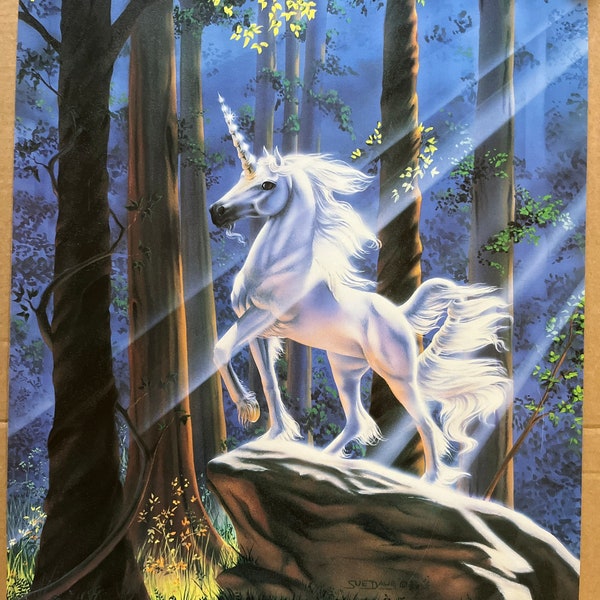 unicorn in the forest vintage poster 1980s sue dawe