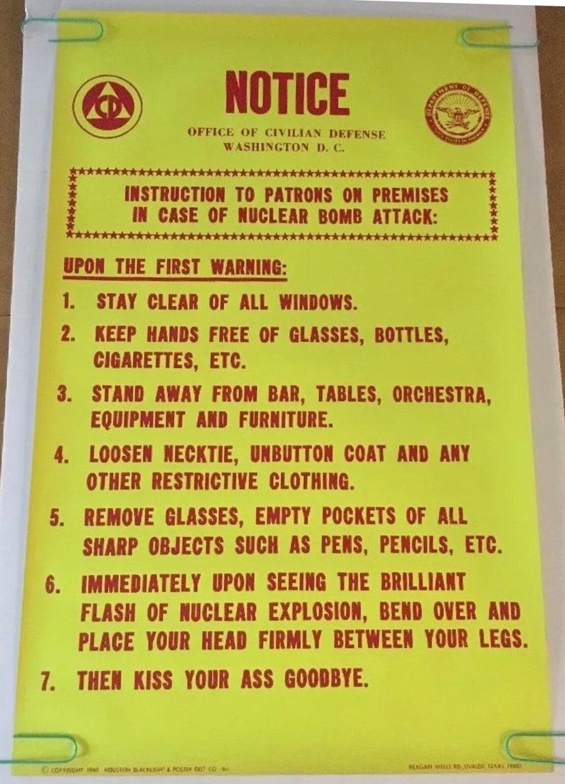 Notice Nuclear Attack Houston Blacklight Vintage Poster Kiss Goodbye 60's Peace Anti-war image 1