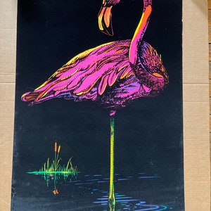 flamenco vintage cartel de luz negra pájaro terciopelo tropical flocado década de 1970