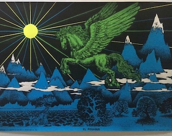 El Pegasus vintage Blacklight Poster psychedelic Houston Pin-up 1970&#39;s Unicorn