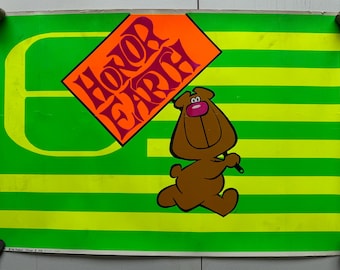 Poster vintage originale con bandiera dell'orso terrestre, velluto floccato, Giornata della Terra, anni '70, colori neon, bagliore diurno.
