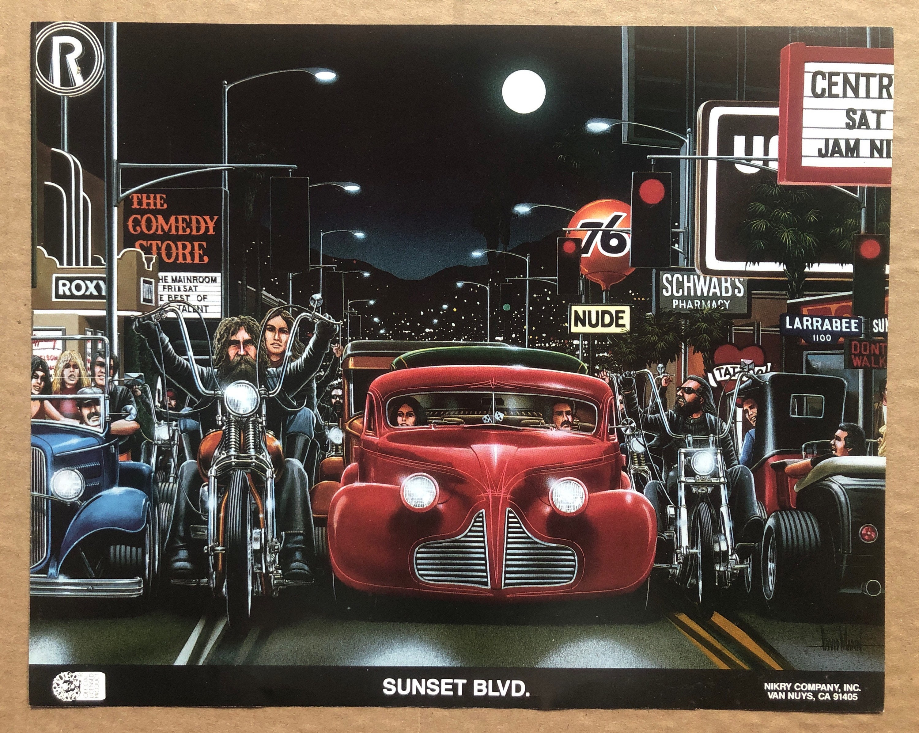 Vintage Sunset Blvd Poster Hot Rod Motorcycle Biker Gang 1980's