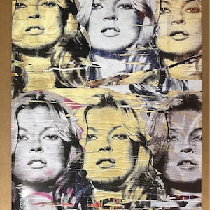 Puede incluir: Un collage de seis imágenes de una mujer con cabello rubio. Las imágenes se superponen, creando un efecto texturizado. El fondo es una mezcla de dorado, marrón y negro.