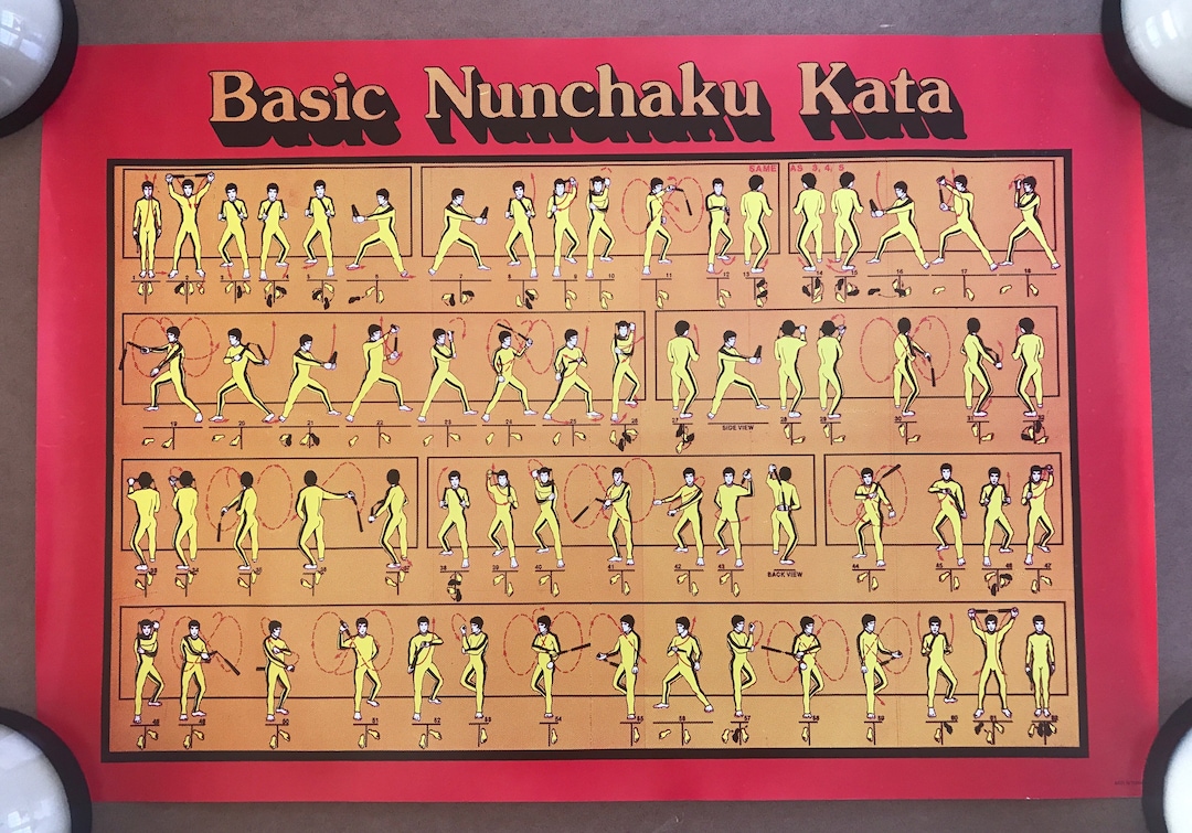 Vintage Original Basic Nunchaku Kata Diagram Poster Martial Arts Pinup