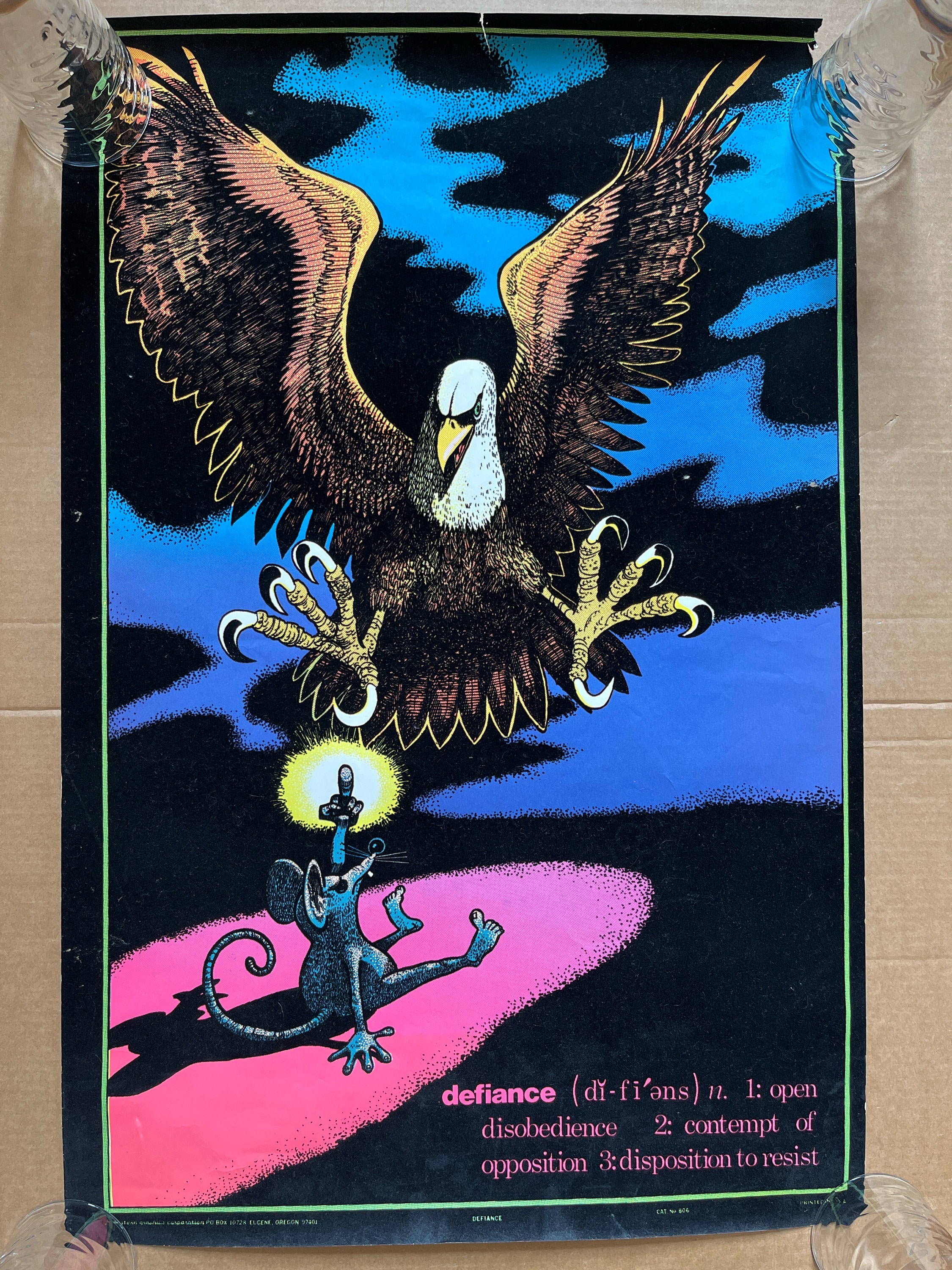 Defiance Vintage Blacklight Poster Eagle Velvet Flocked Middle