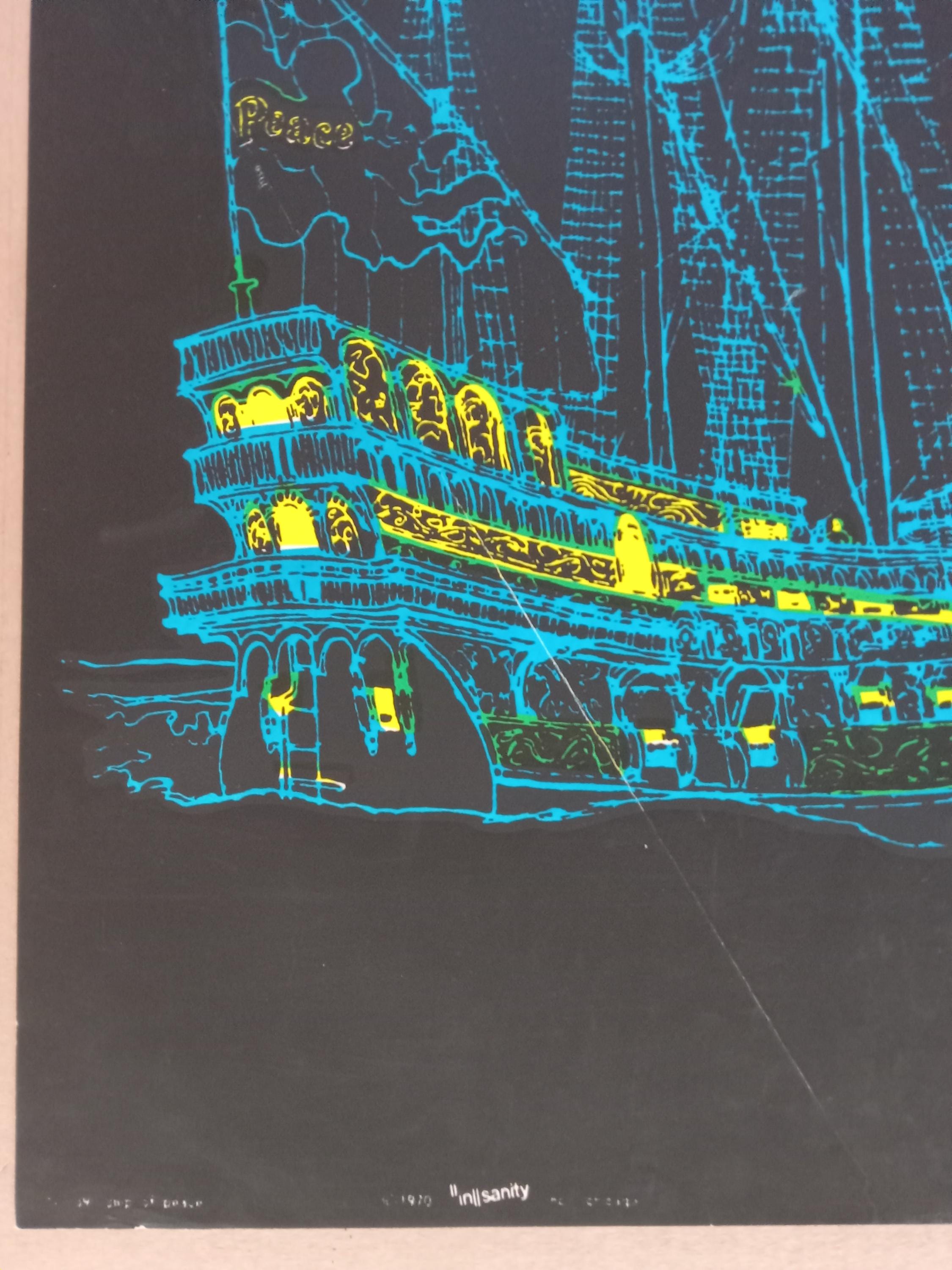Vintage Original Black Light Poster 1400s Peace Ship 1970s