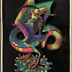 Dragon bird blacklight poster original vintage velvet flocked Escher