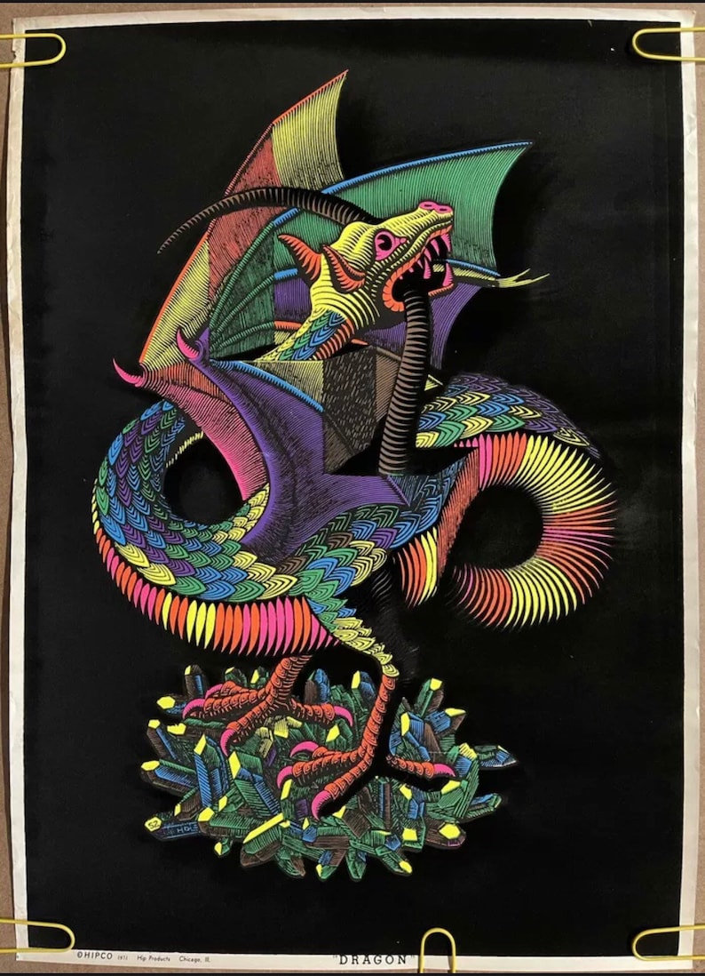 Dragon bird blacklight poster original vintage velvet flocked Escher image 1