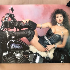 Vintage original 1990 Harley Davidson motorcycle Biker babe pinup leather and boots poster