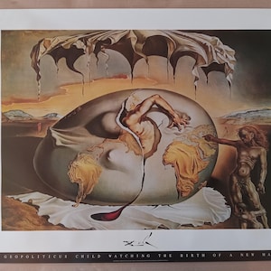 Póster vintage de Salvador Dalí, geopolítico, niño observando el nacimiento de un nuevo hombre