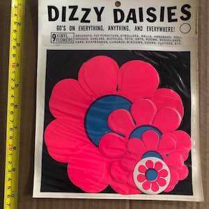 Vintage Blacklight Stickers Dizzy Daisies 1960s Daisy Vinyl Flowers Pink Blue