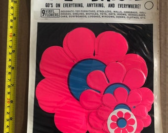 Vintage Blacklight Stickers Dizzy Daisies 1960s Daisy Vinyl Flowers Pink Blue