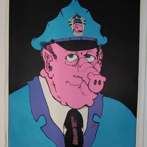 May include: A black and white illustration of a pig wearing a blue police officer's hat with a badge. The pig has a pink face and a large snout. The pig is wearing a blue jacket with a purple collar and a black and white tie.