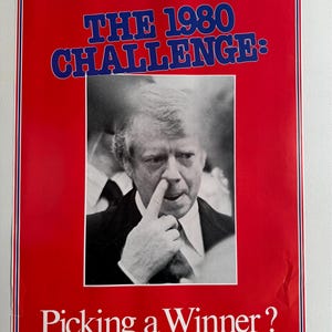 Manifesto originale d'epoca del 1980 Jimmy Carter che sceglie un vincitore della campagna politica, parodia della satira degli Stati Uniti, presidente americano che si gratta il naso