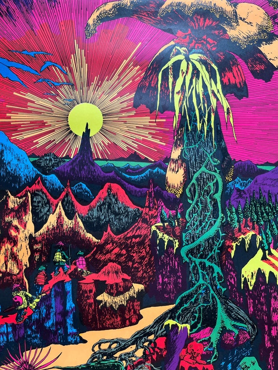 Vintage Blacklight Poster Paradise Sunset Palm Tree Tropical