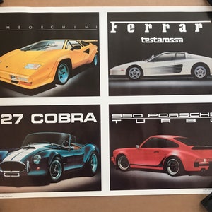 Vintage Original 1987 Coche deportivo Collage Cartel Lamborghini Ferrari Testarossa 427 Cobra 930 Porsche Turbo