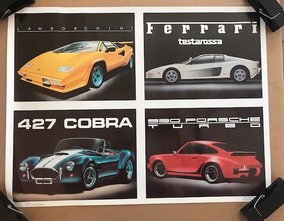 Vintage Original 1987 Sports Car Collage Poster Lamborghini