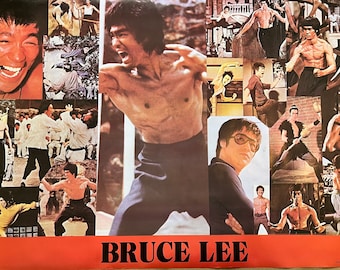 May include: A vintage poster featuring a collage of images of Bruce Lee in various martial arts poses. The poster has a red background with the text "BRUCE LEE" in large white letters.