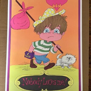 nadie me ama cartel vintage luz negra niñito 1971 ilustración arte dibujo niño triste década de 1970