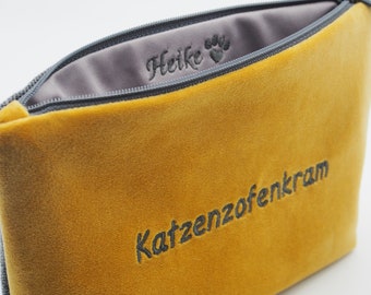 Katzen Tasche aus Samt mit Katzenzofenkram als Stickerei vorne  Rückseite mit Katzenmotiv Innen personalisierbar