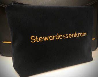 LH Design Tasche Stewardessenkram  dunkelblauer Samt gelber Stickerei