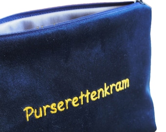 LH Design Tasche Purserettenkram dunkelblauer Samt gelbe Stickerei personalisierbar