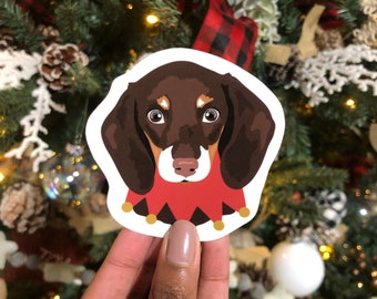 Christmas Sticker, Holiday Dog Sticker, Doxie, Dog Sticker, Stocking Stuffer, Dog Lover, Gifts, Dog mom | Water bottle & Laptop Sticker