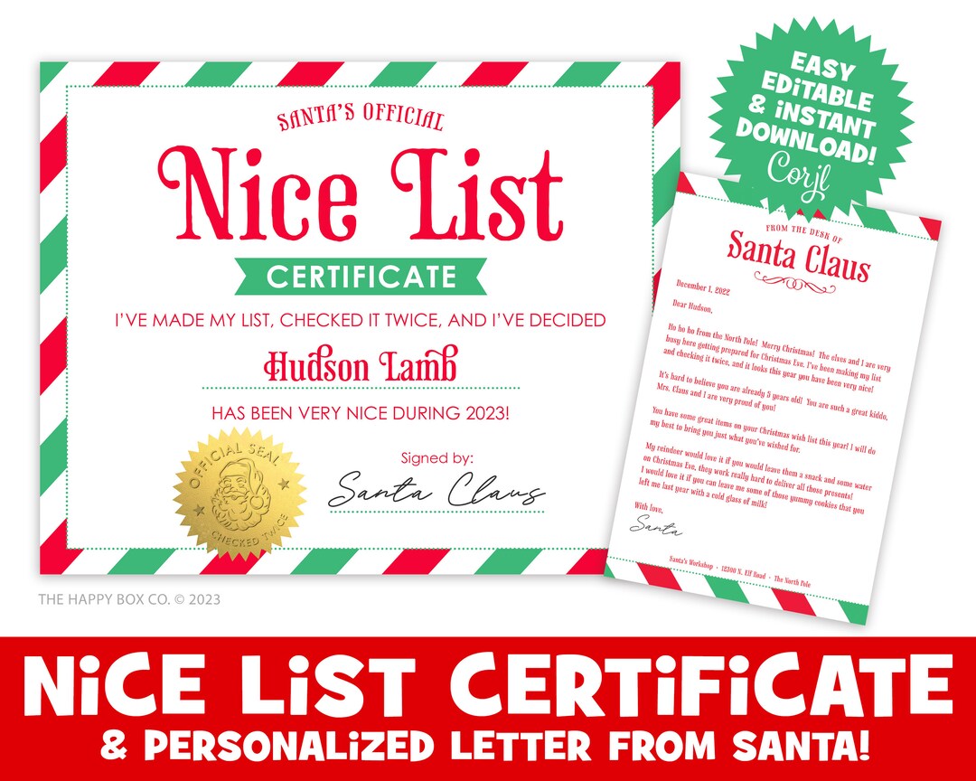 Printable Editable Letter From Santa Nice List Certificate - Etsy Australia