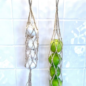 May include: Two hanging produce bags made of natural twine. One bag holds four white garlic bulbs and the other holds five green limes.