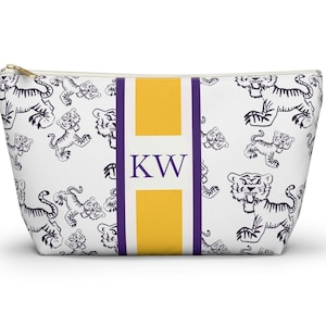 Tiger Print Accessory Pouch, Tiger Zippered Bag, Personalized Louisiana Tiger Pouch, Initials Makeup Bag, Small Travel, Geaux Gift,