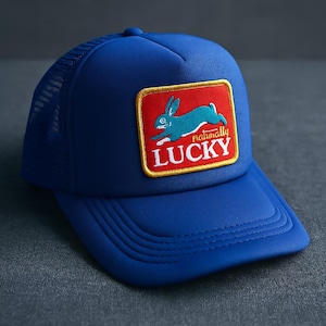 Naturally Lucky Rabbit Trucker Hat – Royal Blue OTTO Trucker Cap, Handmade Patch Hat, Animal Lovers & Gambling Enthusiasts Unite!