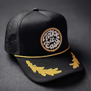Take It Easy Trucker Hat – Black & Gold OTTO Trucker Cap with Gold Rope and Laurels, Navy Style, Handmade Patch Hat, Beachy, Laurel Wreaths!