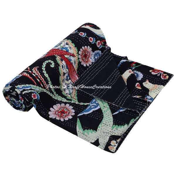 King Size Handmade Kantha Quilt – Floral Black Cotton Bedspread, Indian Style Bedcover