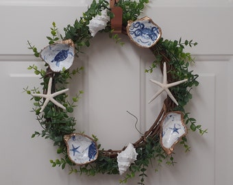 Beach Decor Nautical Wreath for Front Door Nautical Decor Coastal Wreath Beach House Oyster Shell Wreath BEST SELLER Shell Wreath