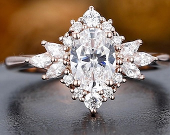 Anello nuziale con moissanite ovale da 1,0 carati e contorno di diamanti, anello di fidanzamento con accento a marquise.