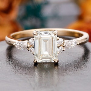 Antique 1.5CT Emerald Cut Moissanite Wedding Ring Gold//Vintage Accents Marquise Cut Diamond Women&#39; Jewelry Anniversary Ring Gift for Mother