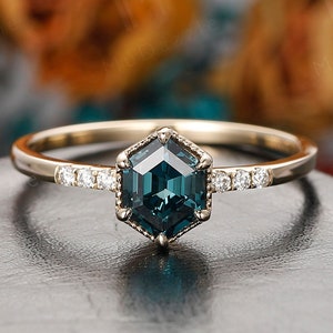 Vintage Teal Sapphire Engagement Ring, 14K Gold Hexagon Cut Gemstone Statement Ring Gift