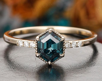 Vintage Teal Sapphire Engagement Ring, 14K Gold Hexagon Cut Gemstone Statement Ring Gift