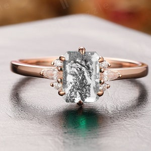 Natural Herkimer Diamond Proposal Ring Christmas Gift// Cluster Emerald Cut Raw Salt Pepper Diamond 14K Gold Engagement Wedding Bridal Ring