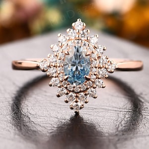 Solid 14k Gold Ring// Vintage  Cyan Blue Moissanite Women&#39;s Ring// Retro Jewelry// Halo 4x6mm Oval Cut Light Blue Moissanite Engagement Ring