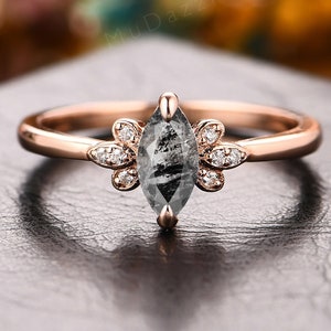 Natural Salt Pepper Herkimer Diamond Engagement Ring Rose Gold// Dainty Galaxy Raw Salt and Pepper Diamond Wedding Promise Ring/Fine Jewelry