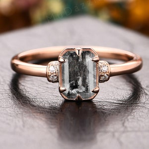 Handmade Salt Pepper Diamond Ladies Jewelry/ Antique 1.0CT Emerald Cut Raw Diamond Anniversary Ring for Girl/ Danity Herkimer NY Quartz Ring